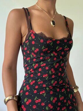Black Cherry Print Lace-Trim Cami Top